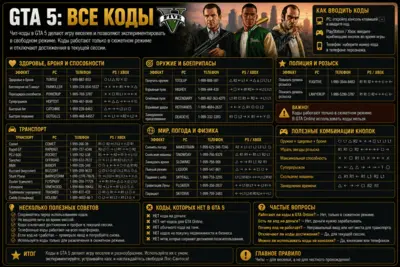 GTA 5 все коды — читы на оружие, транспорт, здоровье и розыск