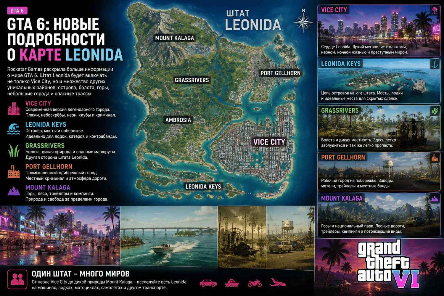 GTA 6 — новые подробности о карте Leonida, Vice City и районах игры