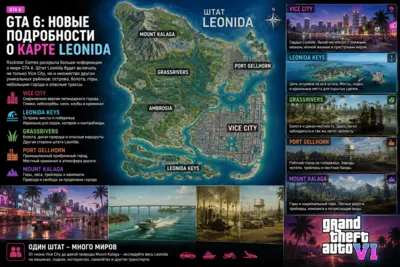GTA 6 — новые подробности о карте Leonida, Vice City и районах игры